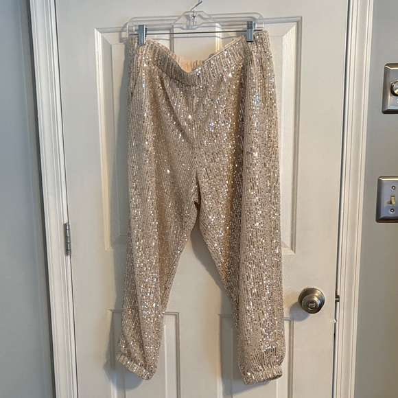 LOFT Sequin Embellished Beige Joggers - Picture 1 of 4